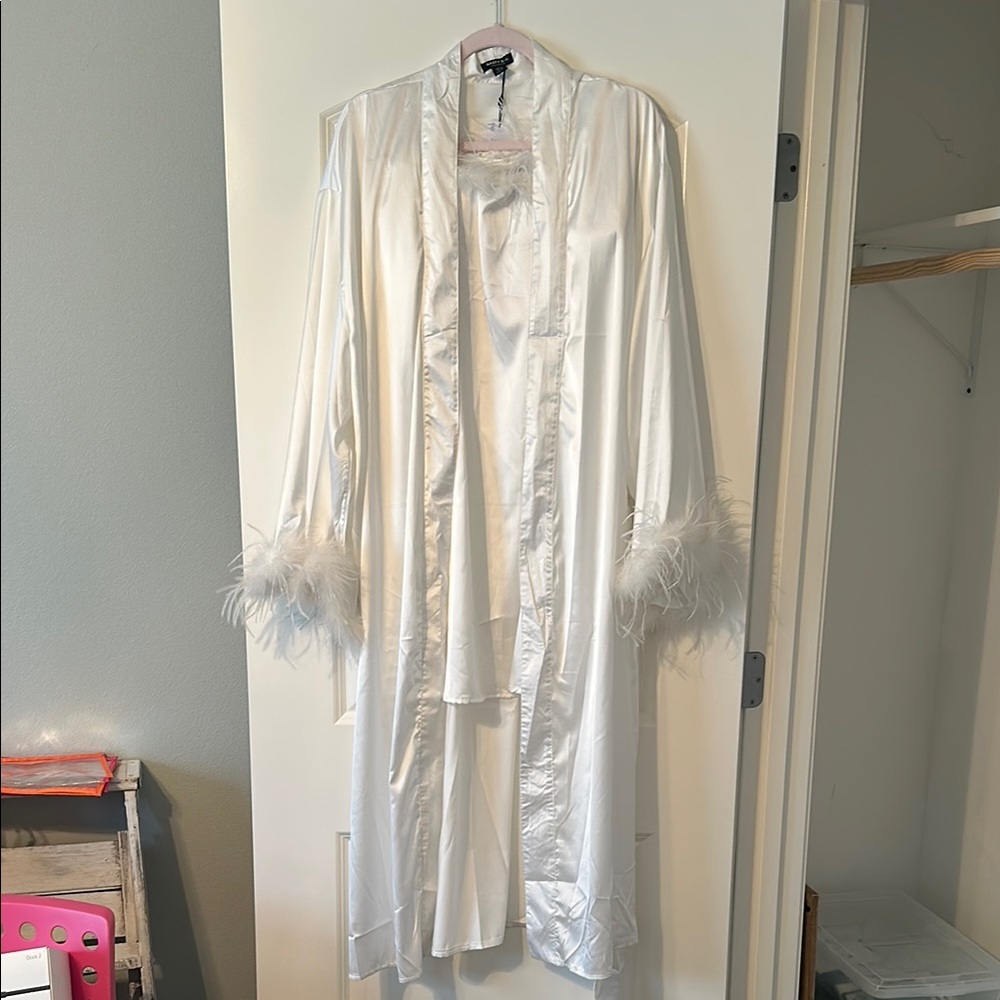 Nasty Gal White Satin “Hitched” Robe and Feather Slip Dress